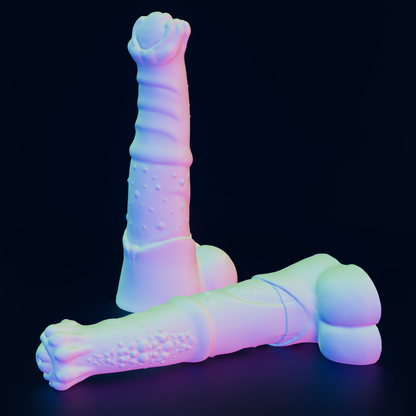 Two novelty silicone adult toys shaped like a fantasy penis